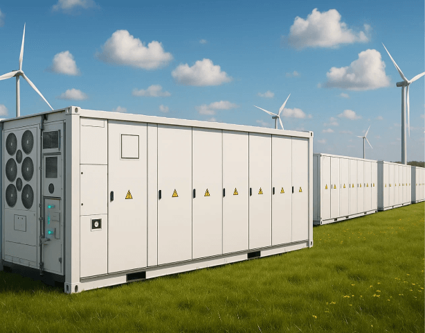 Energy storage containers at a renewable power plant