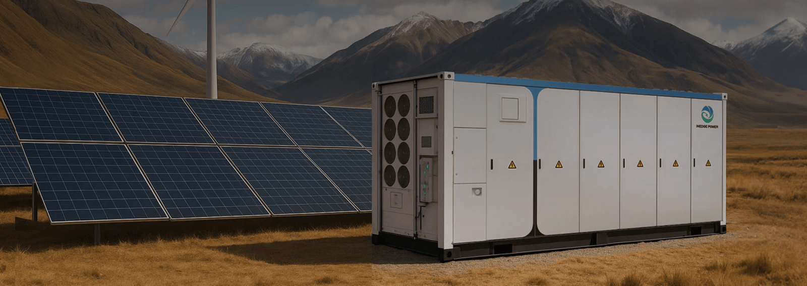 Utility-scale energy storage beside solar panels and mountains