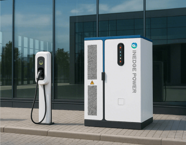 Energy storage cabinet beside an EV charger